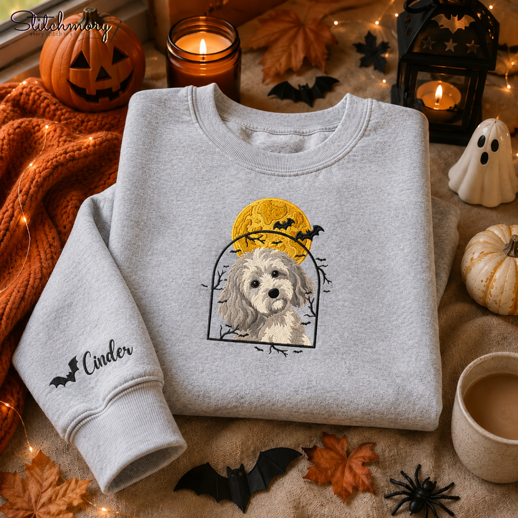 Personalized Halloween Pet Portrait Embroidered Sweatshirt, Custom Moon & Bat Embroidery with Pet Name