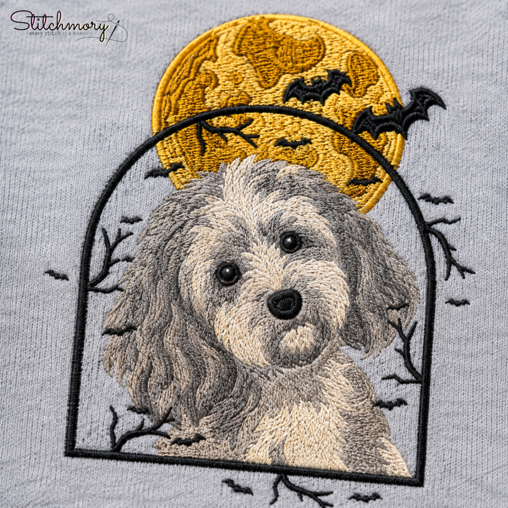 Personalized Halloween Pet Portrait Embroidered Sweatshirt, Custom Moon & Bat Embroidery with Pet Name