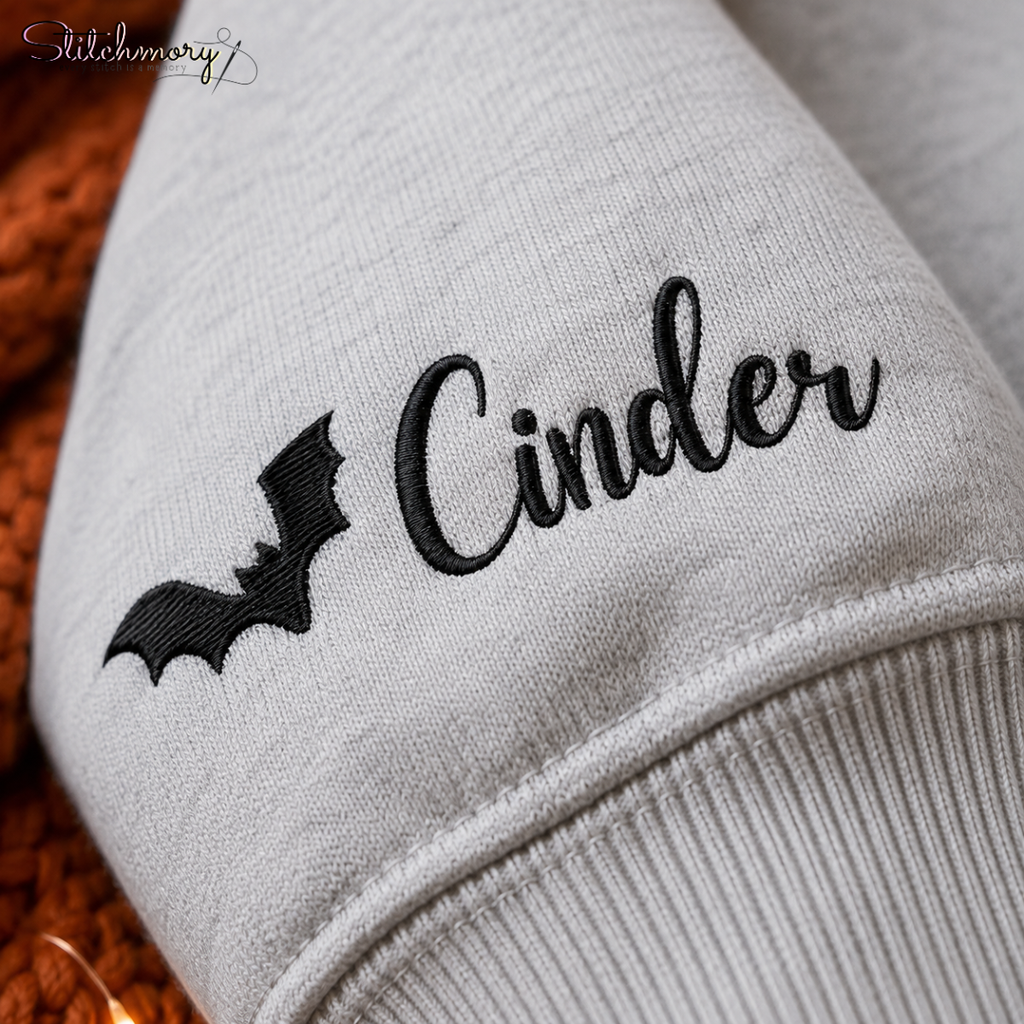 Personalized Halloween Pet Portrait Embroidered Sweatshirt, Custom Moon & Bat Embroidery with Pet Name