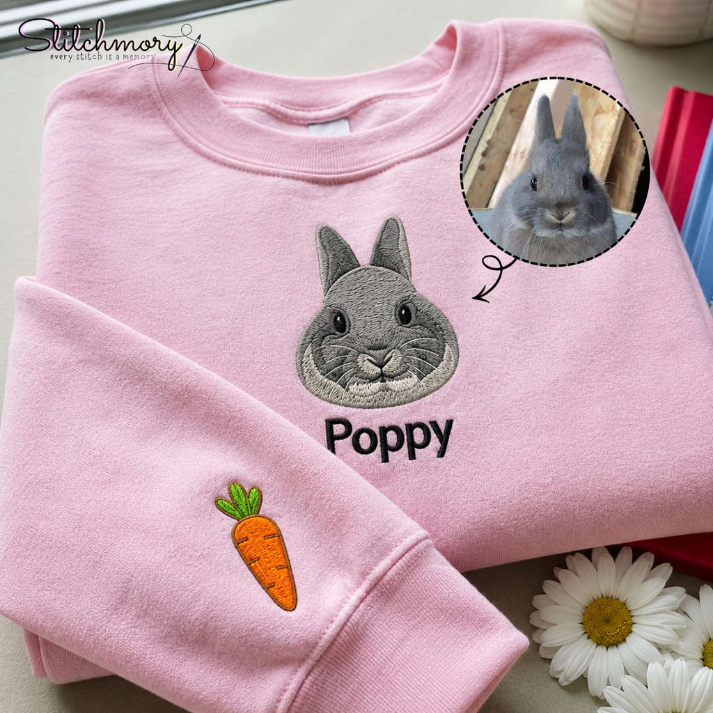 Personalized Rabbit Embroidered Sweatshirt – Custom Bunny Portrait Crewneck with Name
