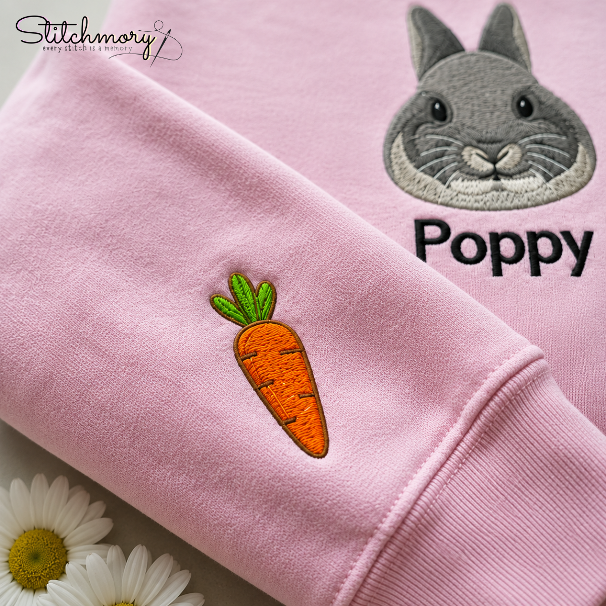 Personalized Rabbit Embroidered Sweatshirt – Custom Bunny Portrait Crewneck with Name