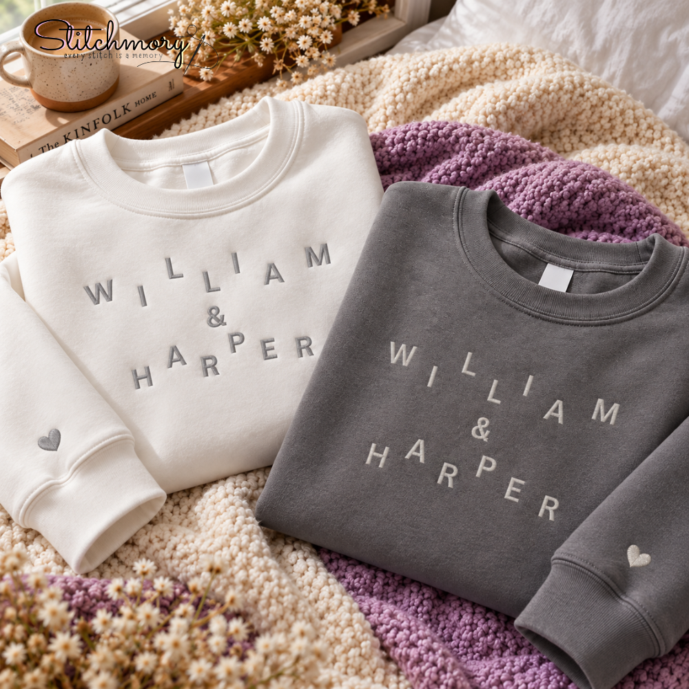 Personalized Scattered Couple Names Embroidered Sweatshirt – Custom Matching Couple Sweatshirt