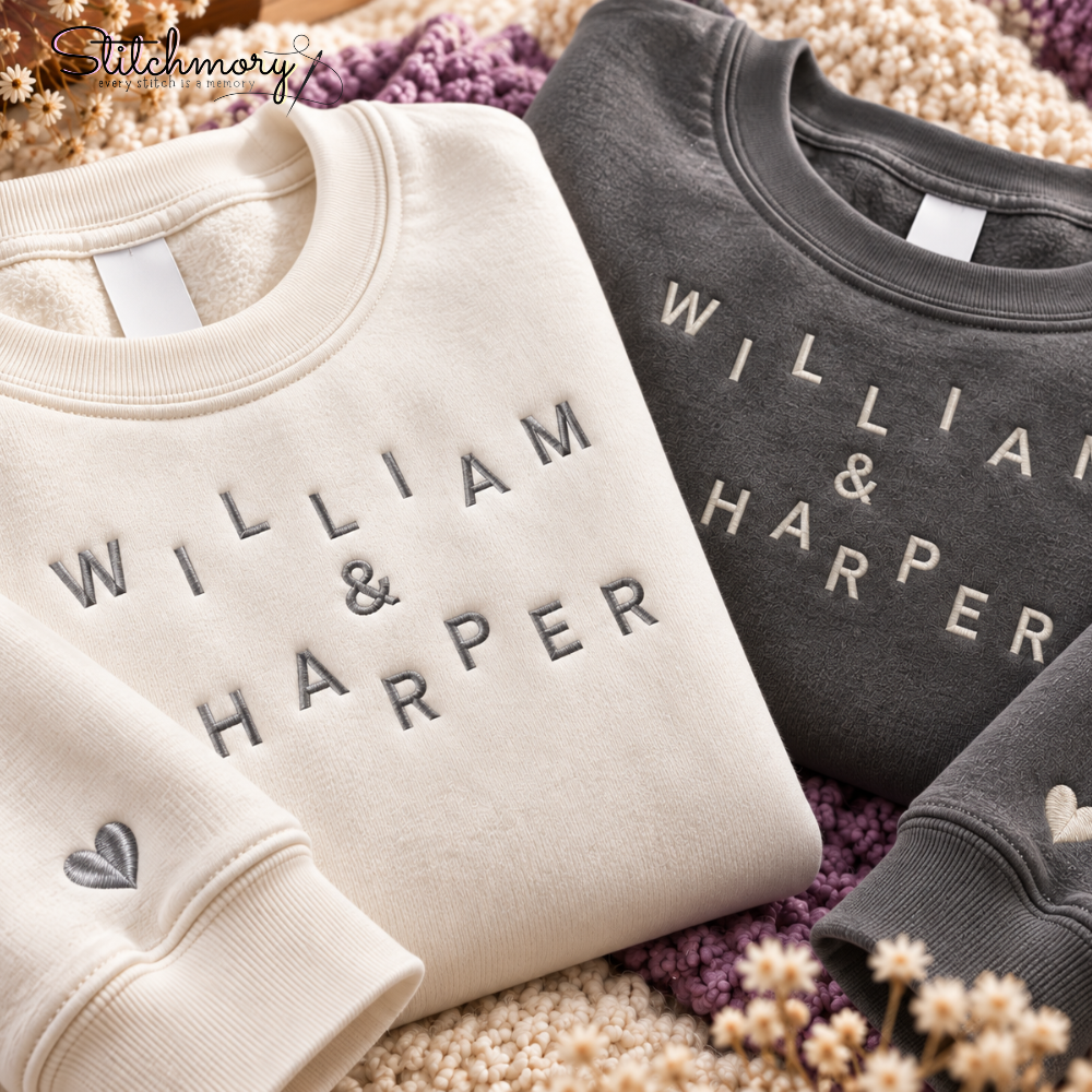 Personalized Scattered Couple Names Embroidered Sweatshirt – Custom Matching Couple Sweatshirt