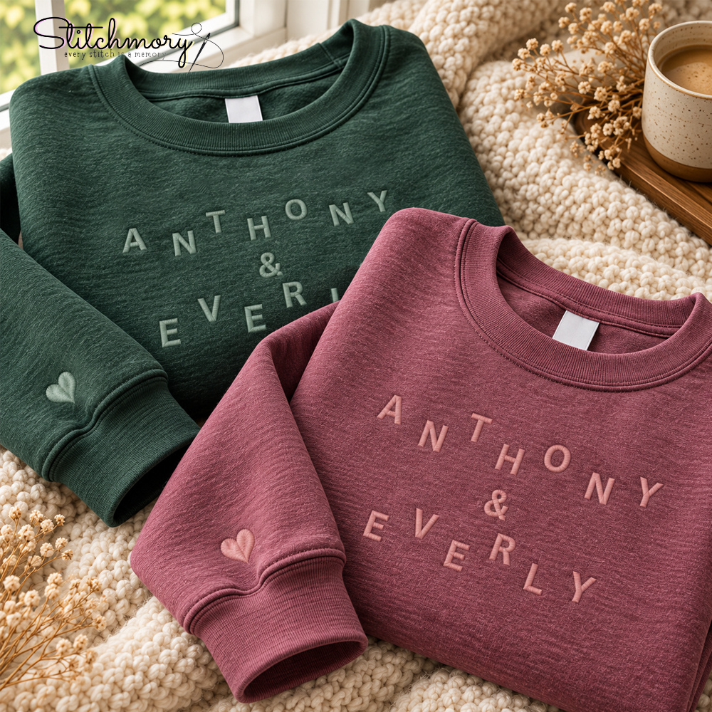 Personalized Scattered Couple Names Embroidered Sweatshirt – Custom Matching Couple Sweatshirt