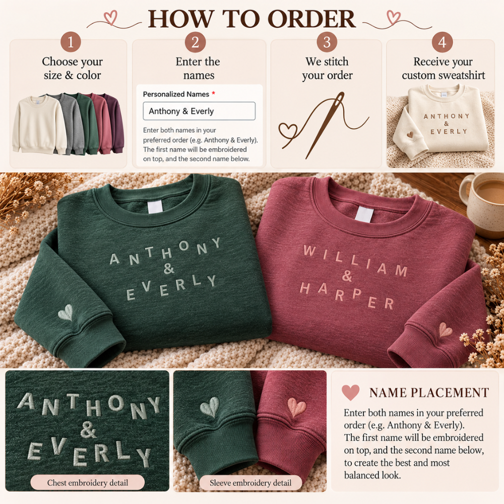 Personalized Scattered Couple Names Embroidered Sweatshirt – Custom Matching Couple Sweatshirt