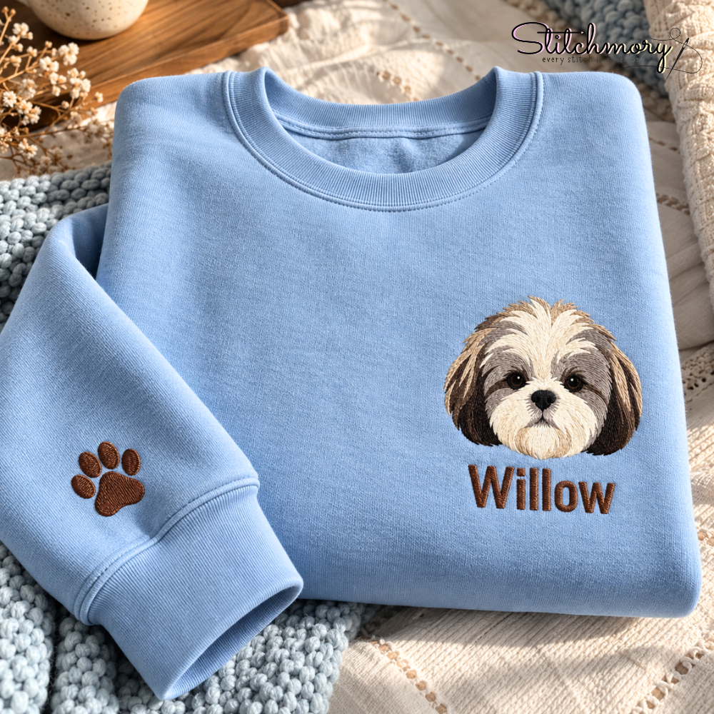 Personalized Shih Tzu Portrait Embroidered Sweatshirt – Custom Dog Photo & Name Sweatshirt