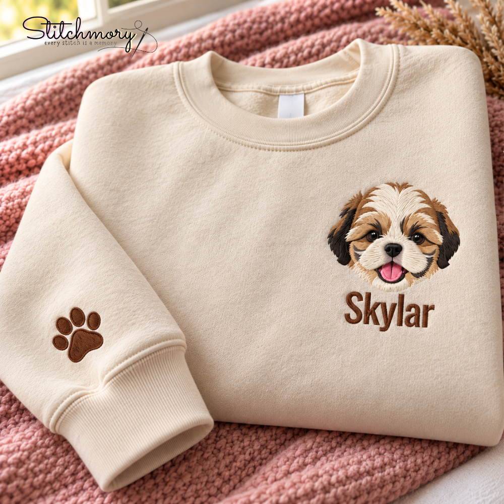Personalized Shih Tzu Portrait Embroidered Sweatshirt – Custom Dog Photo & Name Sweatshirt