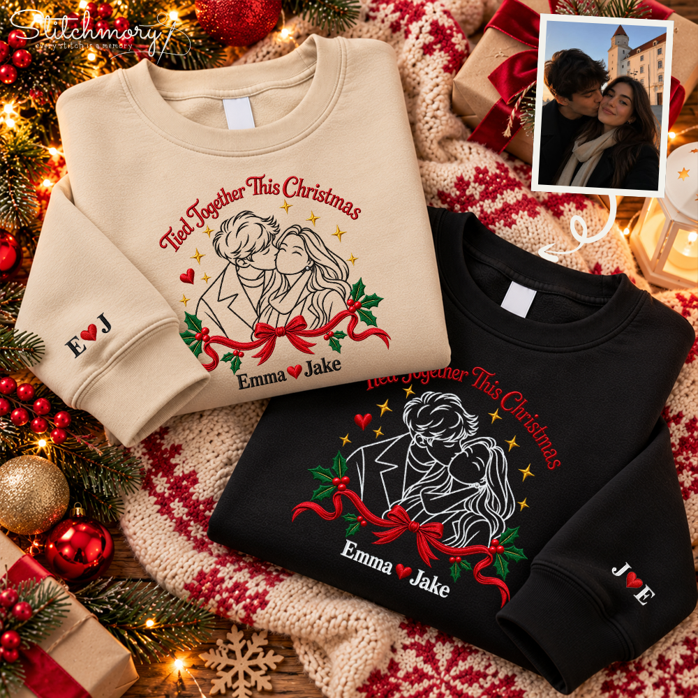 Personalized Tied Together This Christmas Embroidered Sweatshirt – Custom Couple Photo Portrait