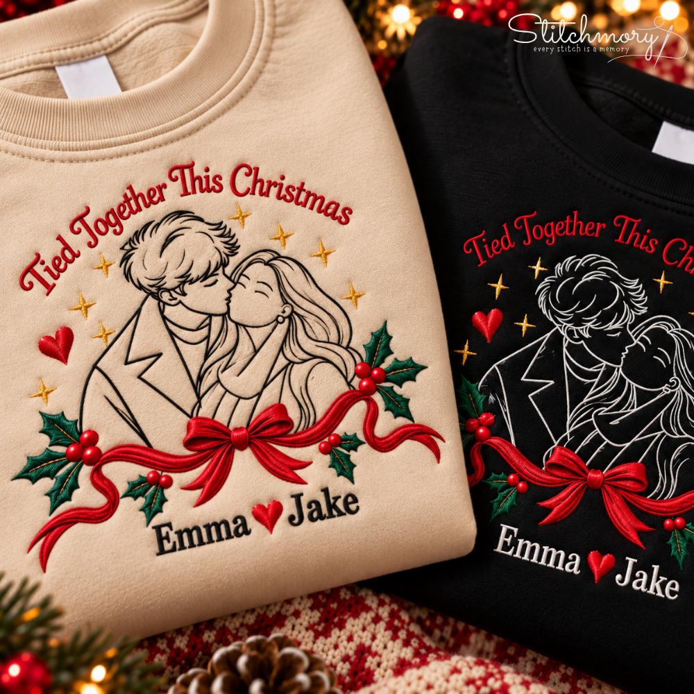 Personalized Tied Together This Christmas Embroidered Sweatshirt – Custom Couple Photo Portrait
