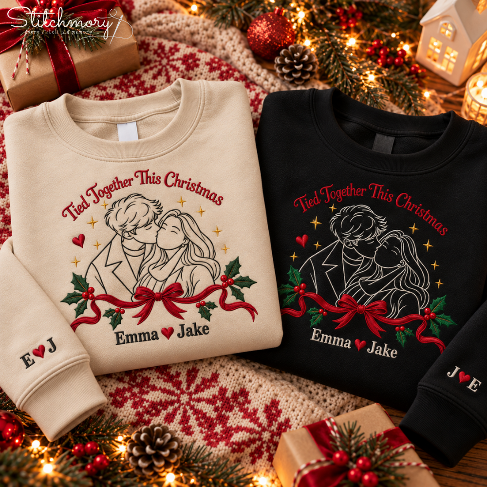 Personalized Tied Together This Christmas Embroidered Sweatshirt – Custom Couple Photo Portrait