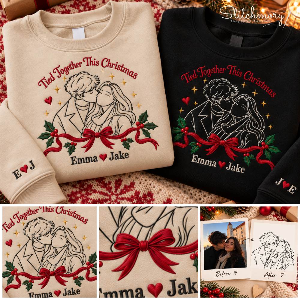 Personalized Tied Together This Christmas Embroidered Sweatshirt – Custom Couple Photo Portrait
