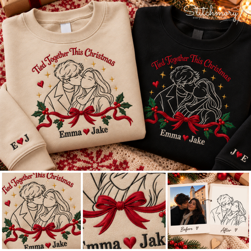 Personalized Tied Together This Christmas Embroidered Sweatshirt – Custom Couple Photo Portrait
