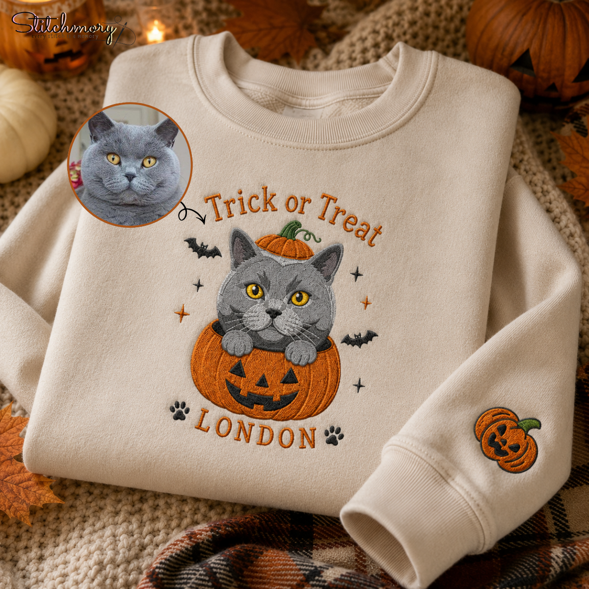 Personalized Trick or Treat Pet Embroidered Sweatshirt, Custom Halloween Pet Pumpkin Sweatshirt with Name