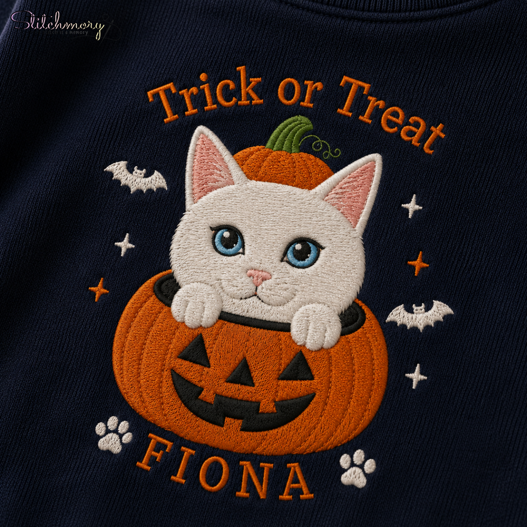 Personalized Trick or Treat Pet Embroidered Sweatshirt, Custom Halloween Pet Pumpkin Sweatshirt with Name