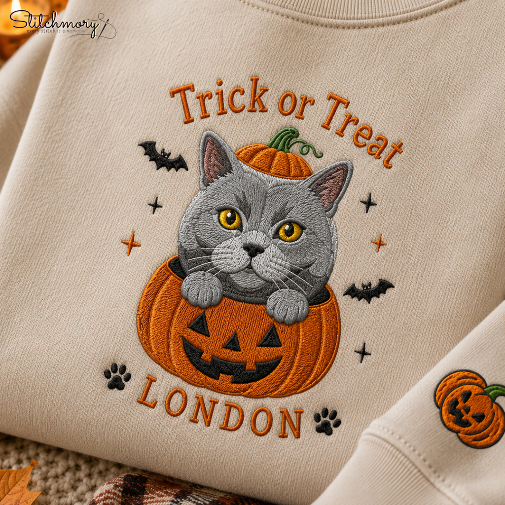 Personalized Trick or Treat Pet Embroidered Sweatshirt, Custom Halloween Pet Pumpkin Sweatshirt with Name