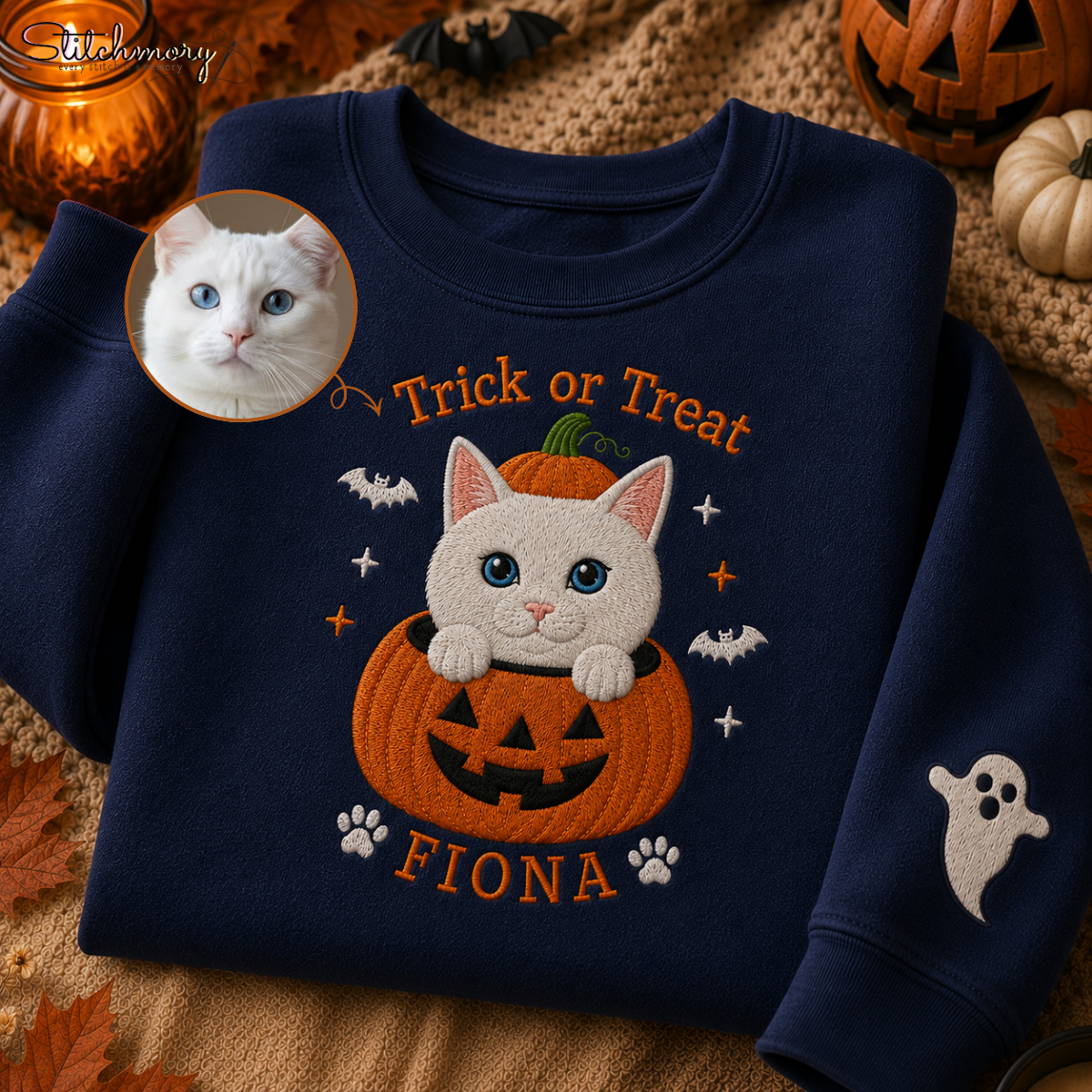 Personalized Trick or Treat Pet Embroidered Sweatshirt, Custom Halloween Pet Pumpkin Sweatshirt with Name