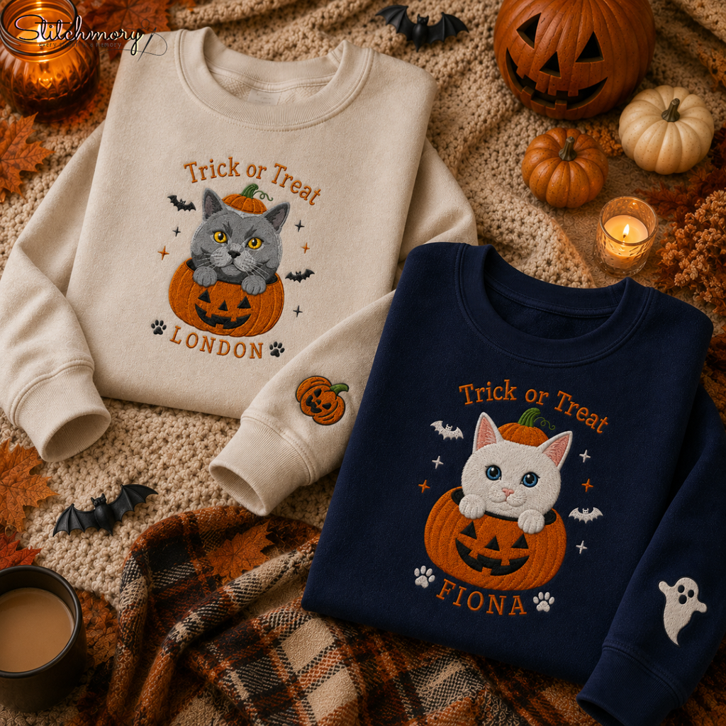 Personalized Trick or Treat Pet Embroidered Sweatshirt, Custom Halloween Pet Pumpkin Sweatshirt with Name