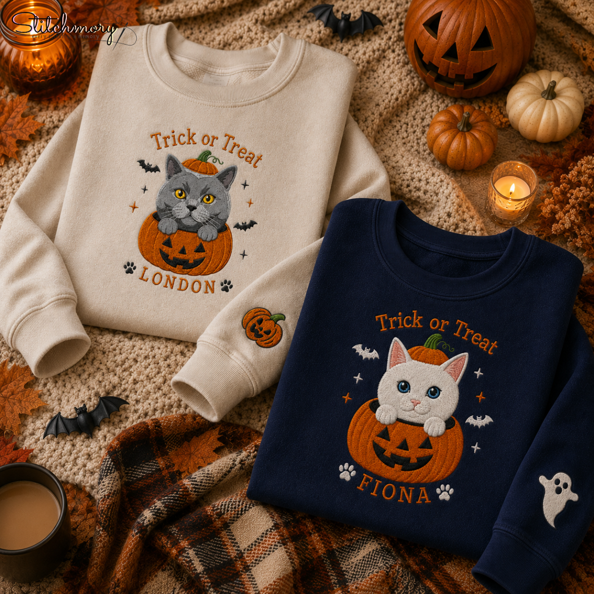 Personalized Trick or Treat Pet Embroidered Sweatshirt, Custom Halloween Pet Pumpkin Sweatshirt with Name