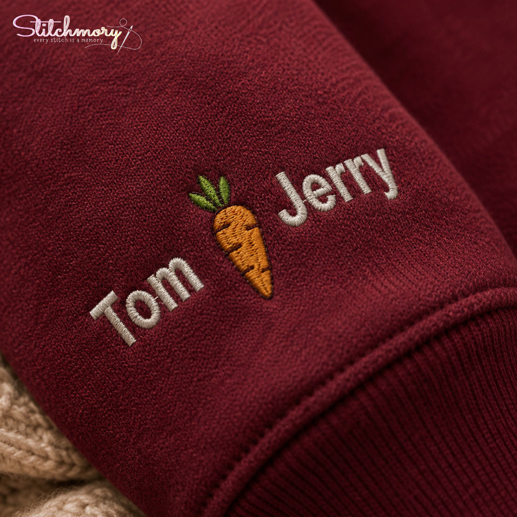 Personalized Two Bunny Hoodie – Custom Rabbit Portrait Embroidery with Carrot Name Sleeve