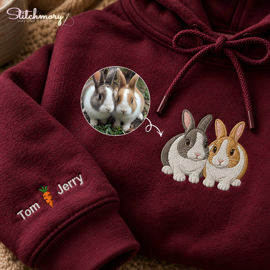 Personalized Two Bunny Hoodie – Custom Rabbit Portrait Embroidery with Carrot Name Sleeve