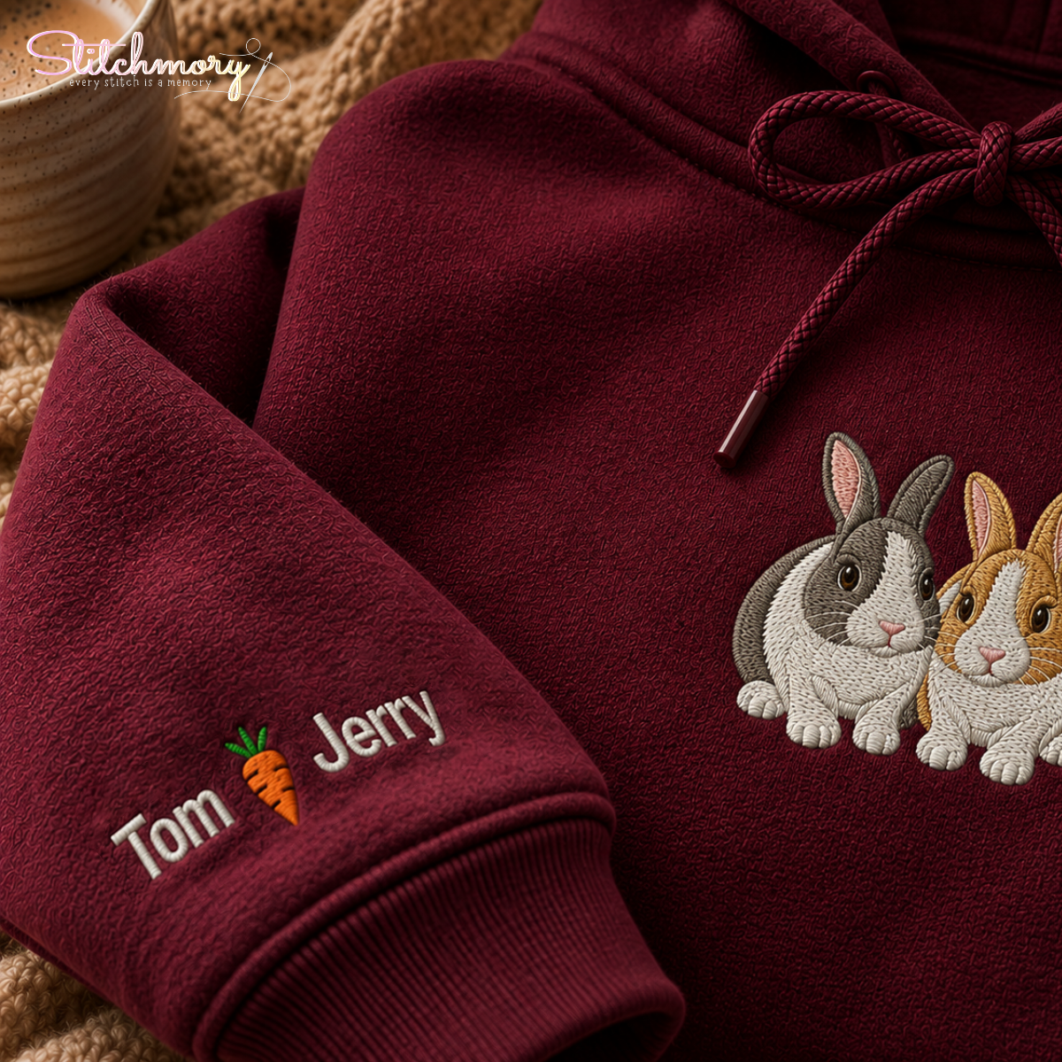 Personalized Two Bunny Hoodie – Custom Rabbit Portrait Embroidery with Carrot Name Sleeve