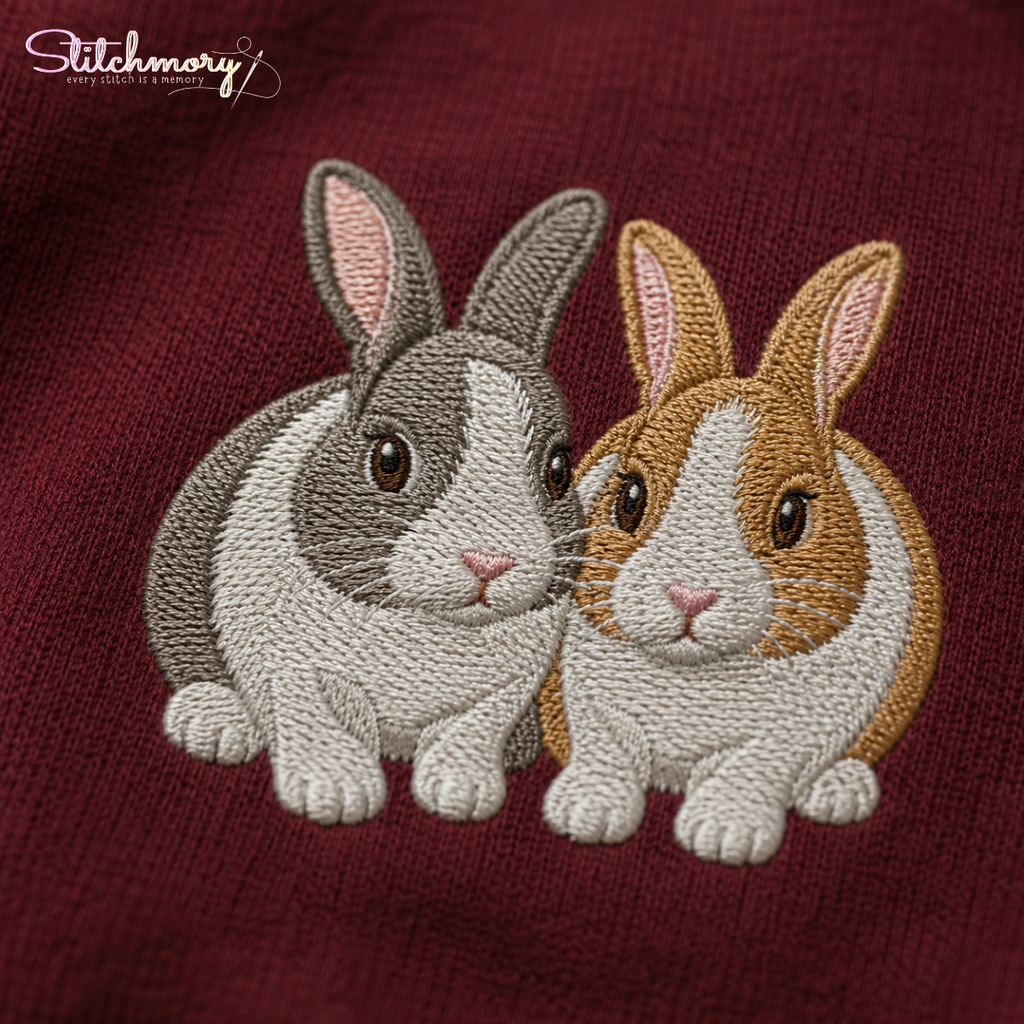 Personalized Two Bunny Hoodie – Custom Rabbit Portrait Embroidery with Carrot Name Sleeve