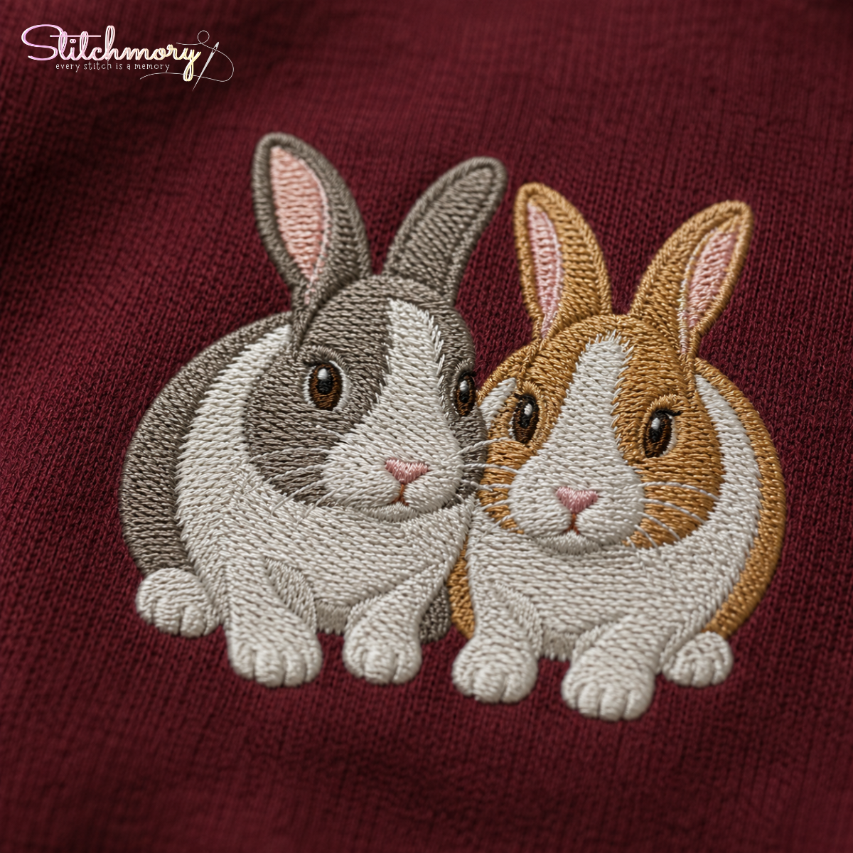 Personalized Two Bunny Hoodie – Custom Rabbit Portrait Embroidery with Carrot Name Sleeve