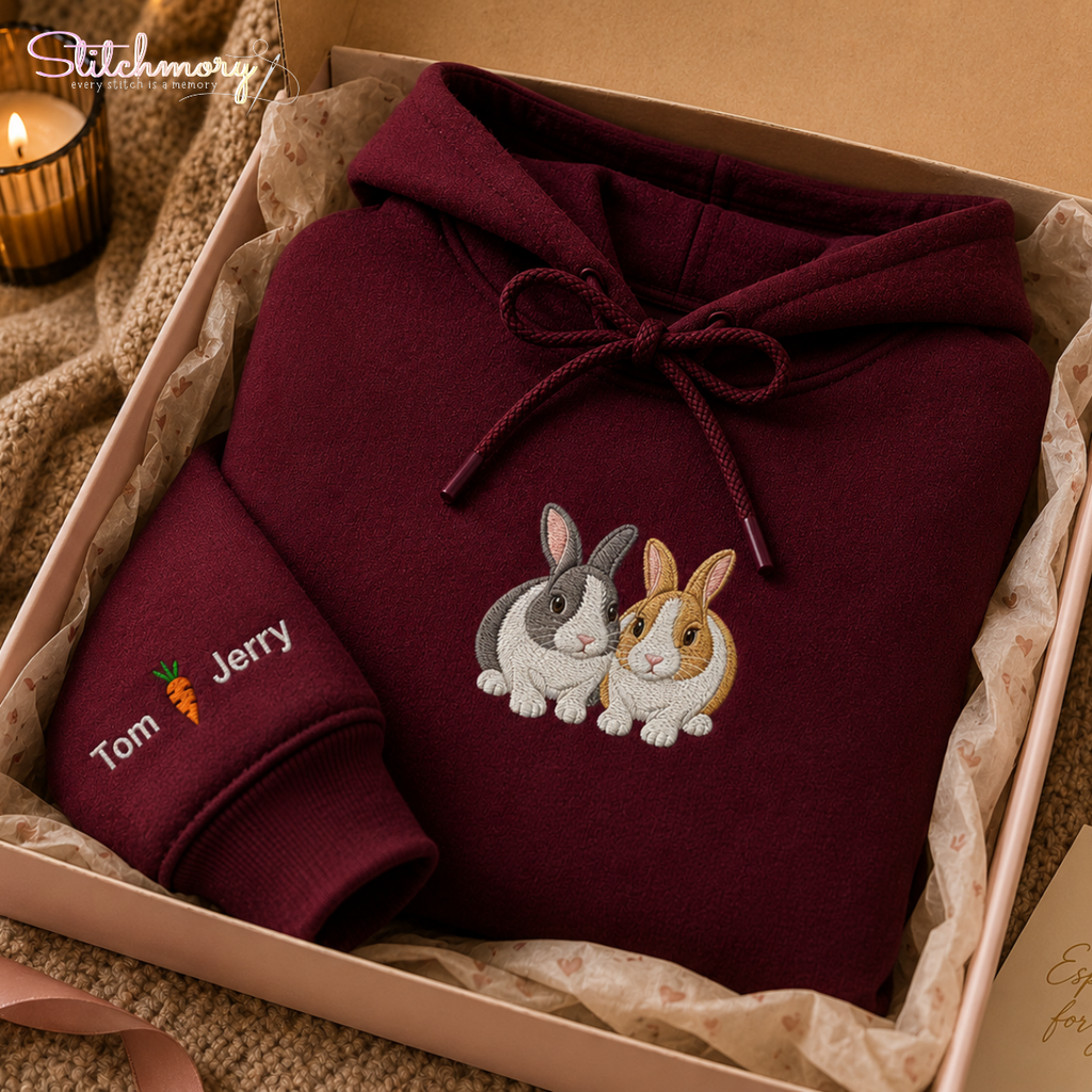 Personalized Two Bunny Hoodie – Custom Rabbit Portrait Embroidery with Carrot Name Sleeve