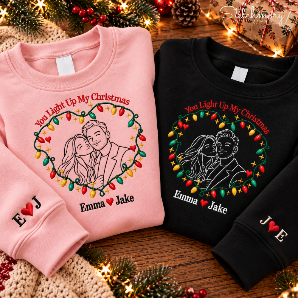Personalized You Light Up My Christmas Embroidered Sweatshirt – Custom Couple Photo Sweatshirt