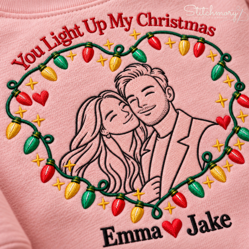 Personalized You Light Up My Christmas Embroidered Sweatshirt – Custom Couple Photo Sweatshirt