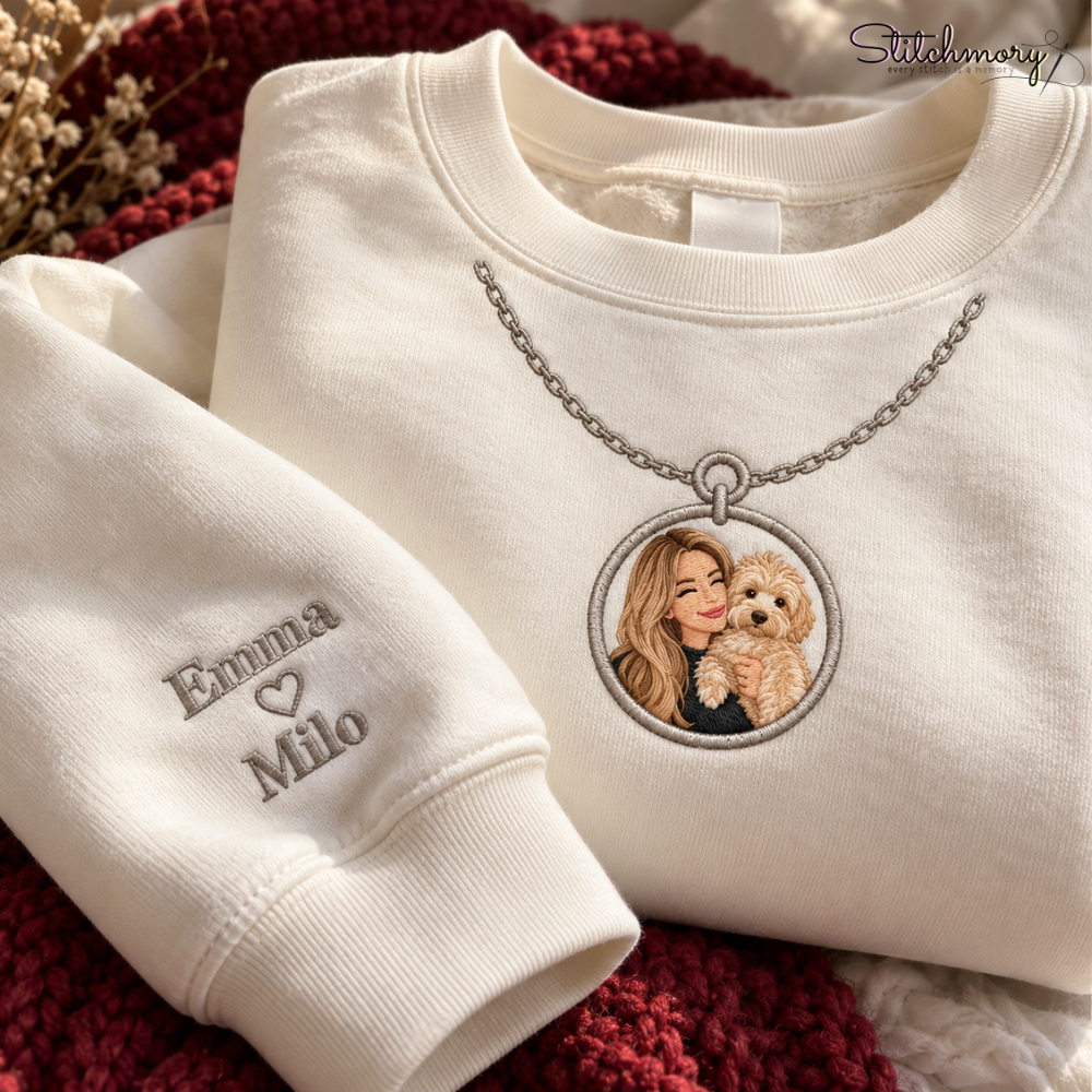 Personalized You & Your Pet Photo Necklace Embroidered Sweatshirt, Gifts For Pet Lovers
