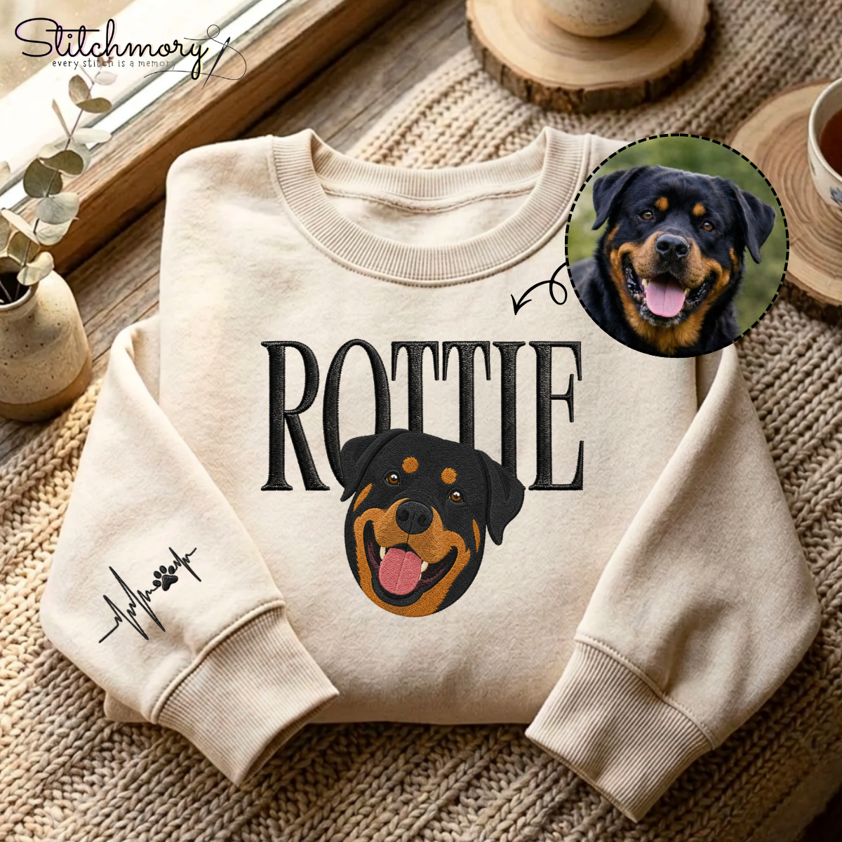 Personalized Rottweiler Portrait Sweatshirt, Custom Dog Embroidered Sweatshirt