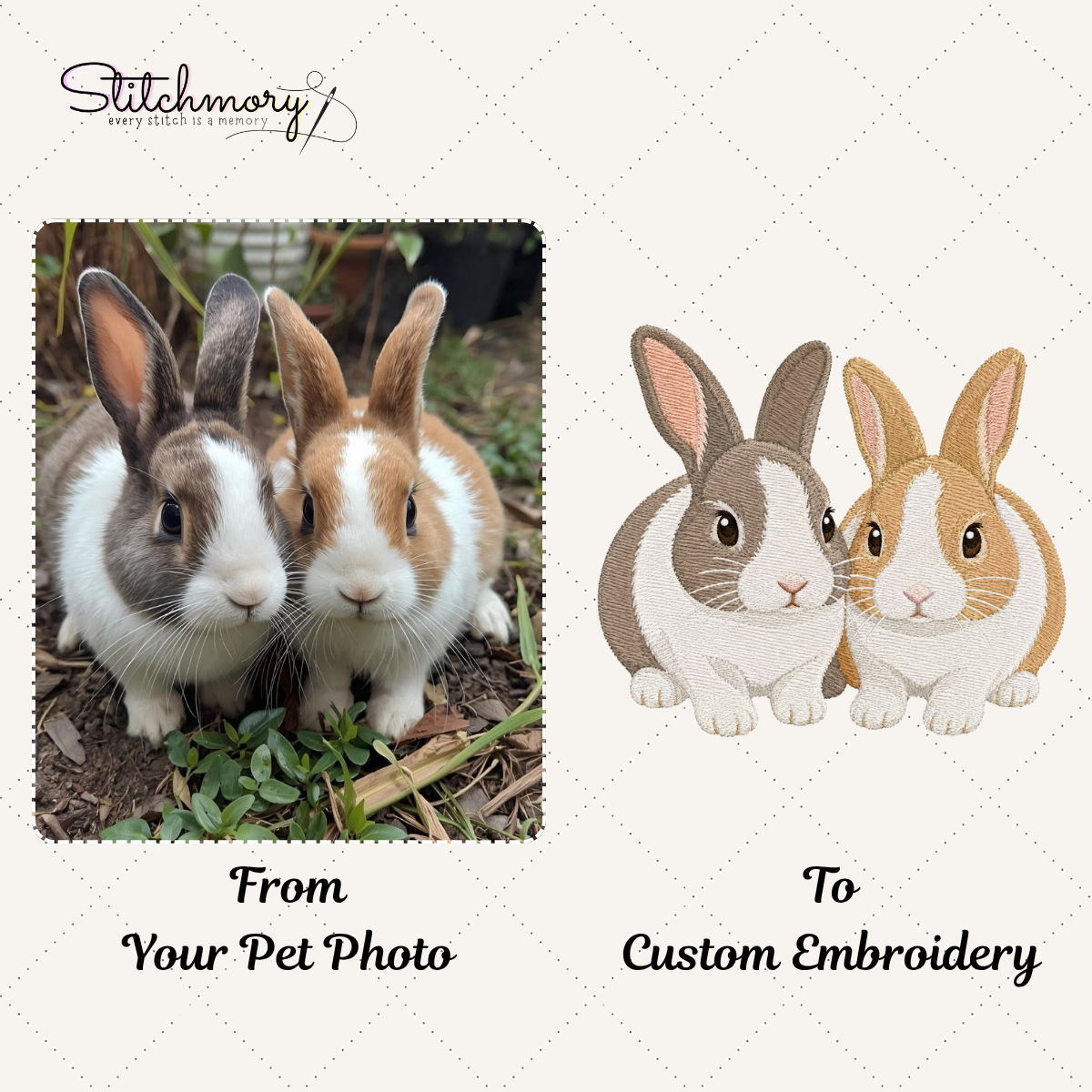Personalized Two Bunny Hoodie – Custom Rabbit Portrait Embroidery with Carrot Name Sleeve