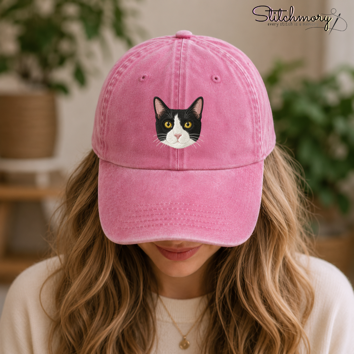 Custom Tuxedo Cat Embroidered Washed Cap – Personalized Pet Portrait Cap