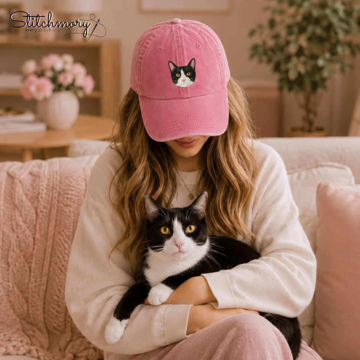 Custom Tuxedo Cat Embroidered Washed Cap – Personalized Pet Portrait Cap