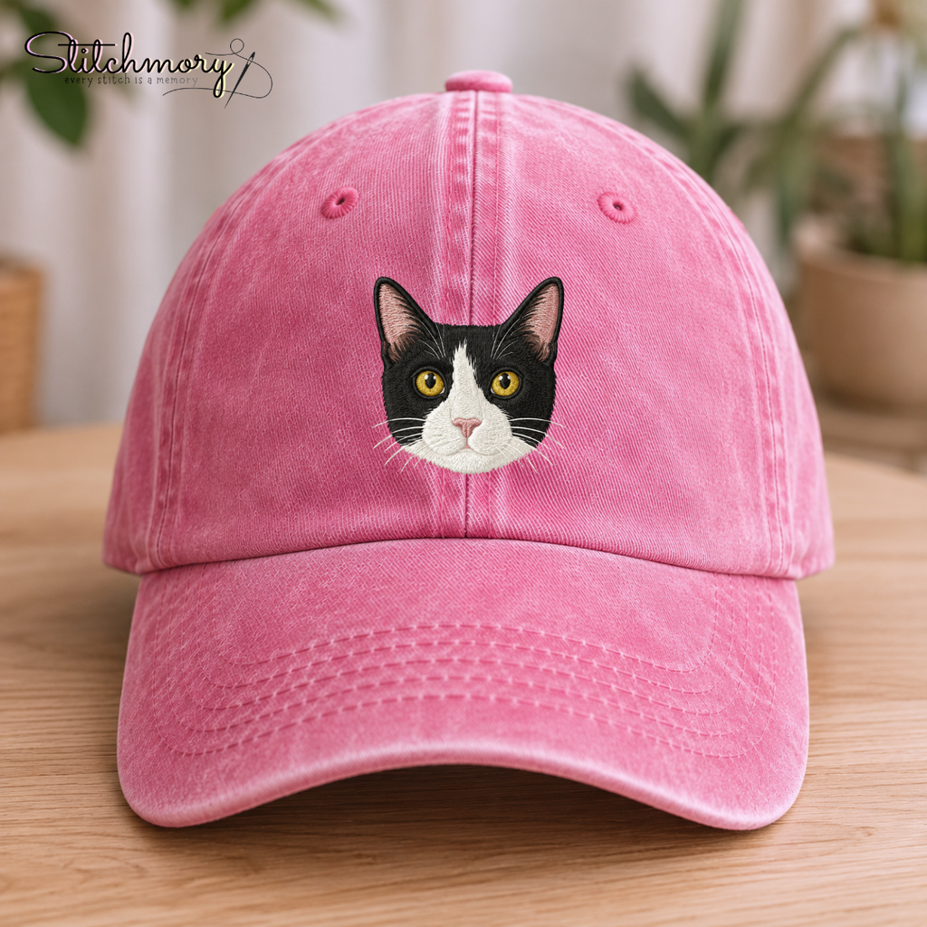 Custom Tuxedo Cat Embroidered Washed Cap – Personalized Pet Portrait Cap