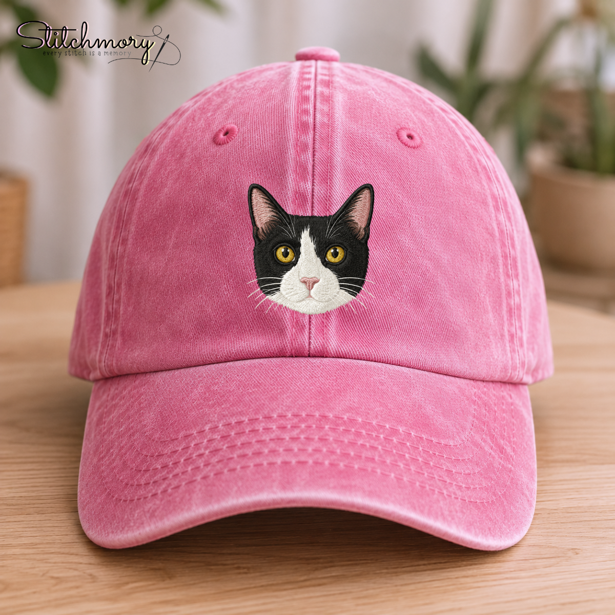Custom Tuxedo Cat Embroidered Washed Cap – Personalized Pet Portrait Cap