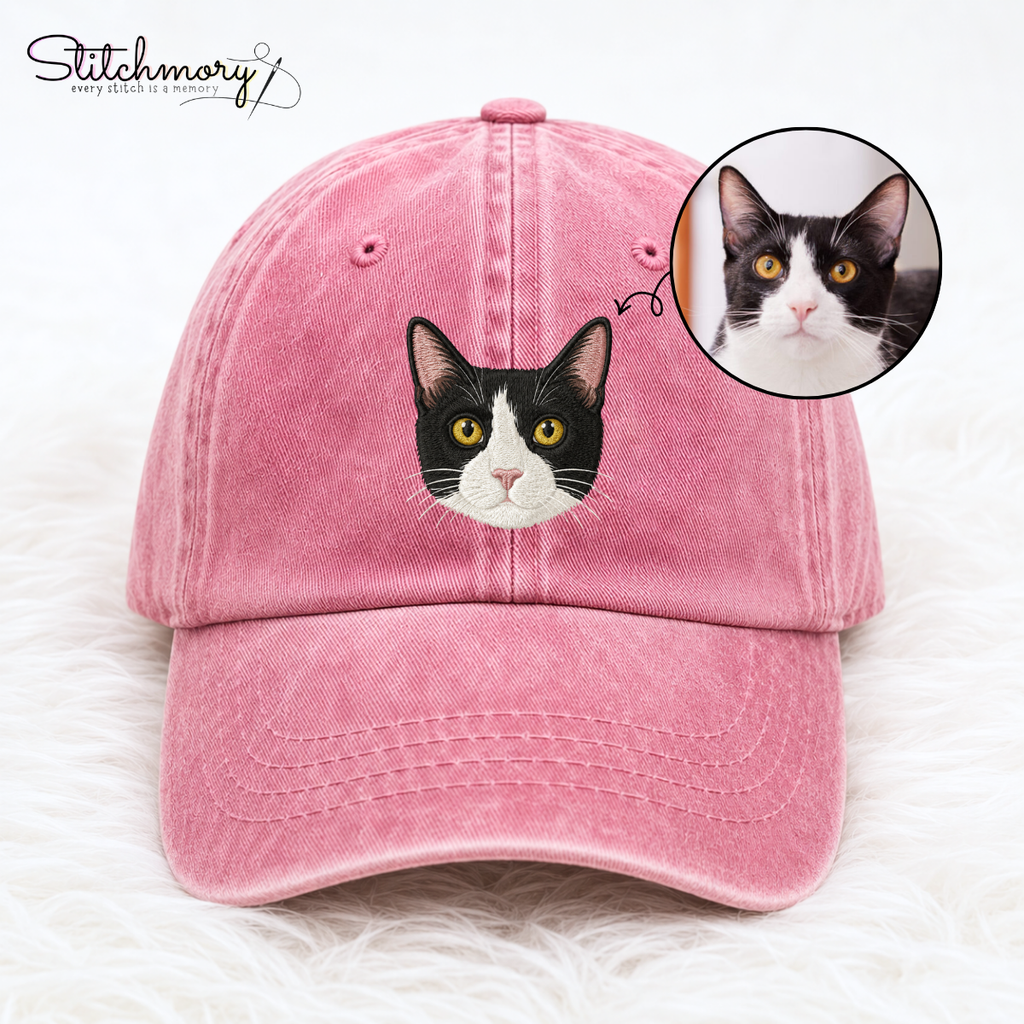 Custom Tuxedo Cat Embroidered Washed Cap – Personalized Pet Portrait Cap