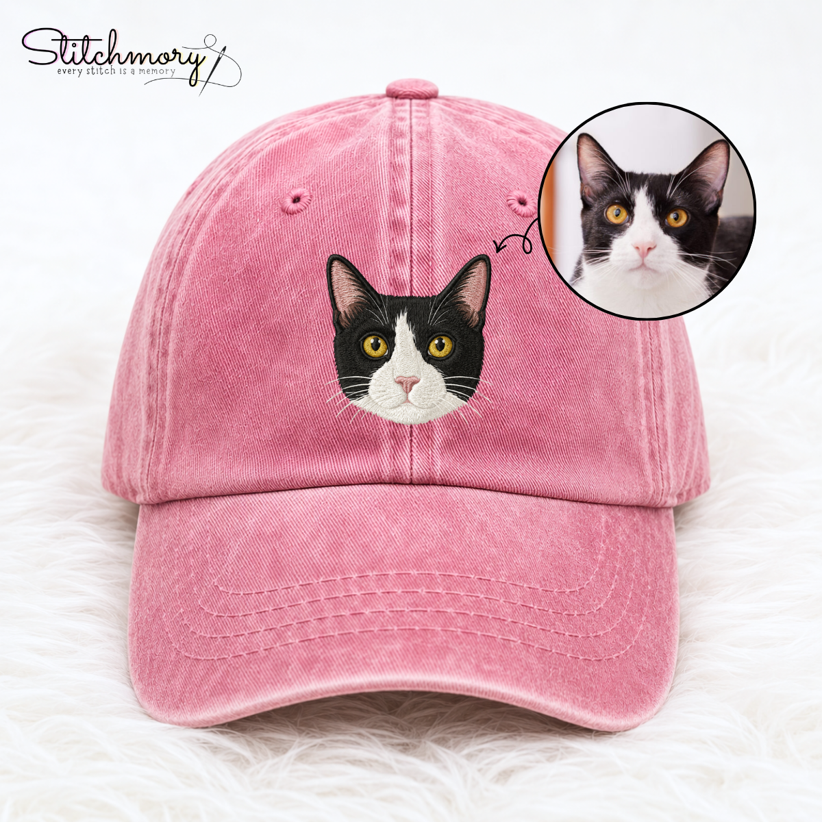 Custom Tuxedo Cat Embroidered Washed Cap – Personalized Pet Portrait Cap