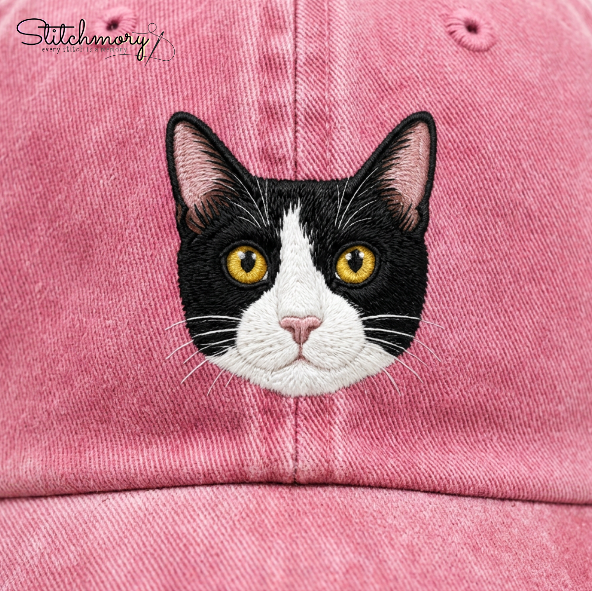 Custom Tuxedo Cat Embroidered Washed Cap – Personalized Pet Portrait Cap