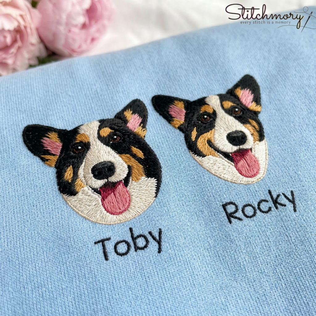 Custom Pet Embroidered Sweatshirt with Names, Personalized Dog Portrait Crewneck, Dog Mom Gift | Paw Print Sleeve Sweatshirt