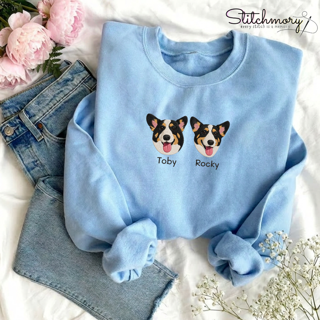 Custom Pet Embroidered Sweatshirt with Names, Personalized Dog Portrait Crewneck, Dog Mom Gift | Paw Print Sleeve Sweatshirt