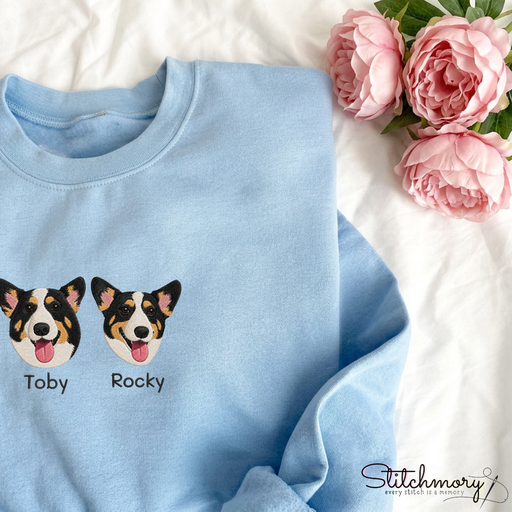 Custom Pet Embroidered Sweatshirt with Names, Personalized Dog Portrait Crewneck, Dog Mom Gift | Paw Print Sleeve Sweatshirt