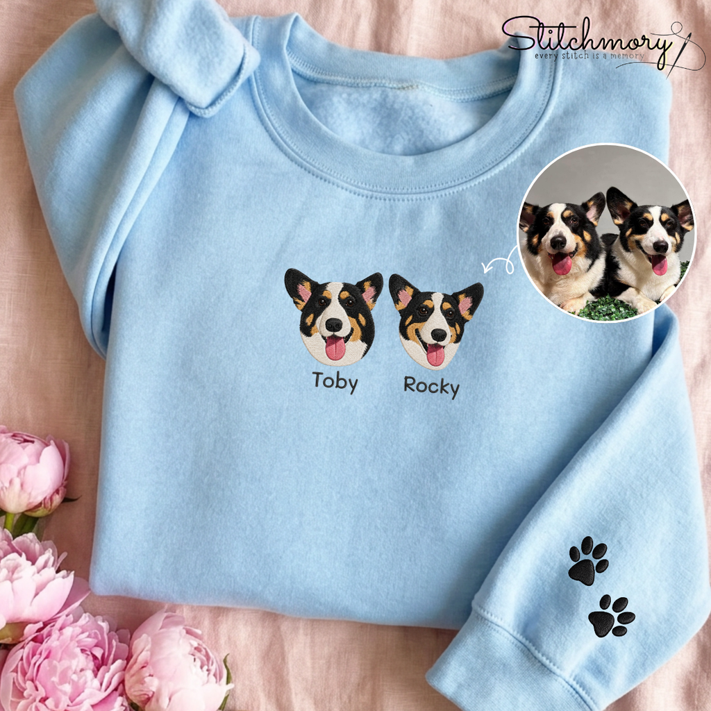 Custom Pet Embroidered Sweatshirt with Names, Personalized Dog Portrait Crewneck, Dog Mom Gift | Paw Print Sleeve Sweatshirt