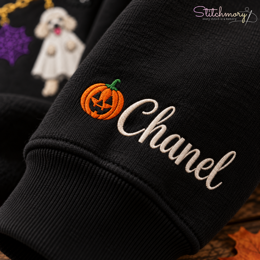 White Poodle Halloween Charm Necklace Embroidered Sweatshirt With Custom Name