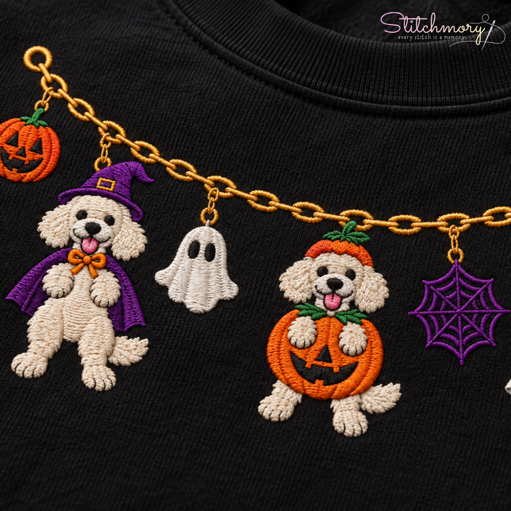 White Poodle Halloween Charm Necklace Embroidered Sweatshirt With Custom Name