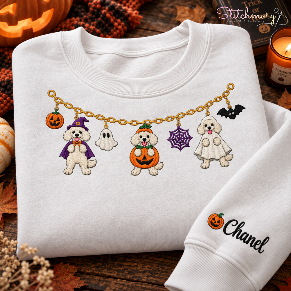 White Poodle Halloween Charm Necklace Embroidered Sweatshirt With Custom Name