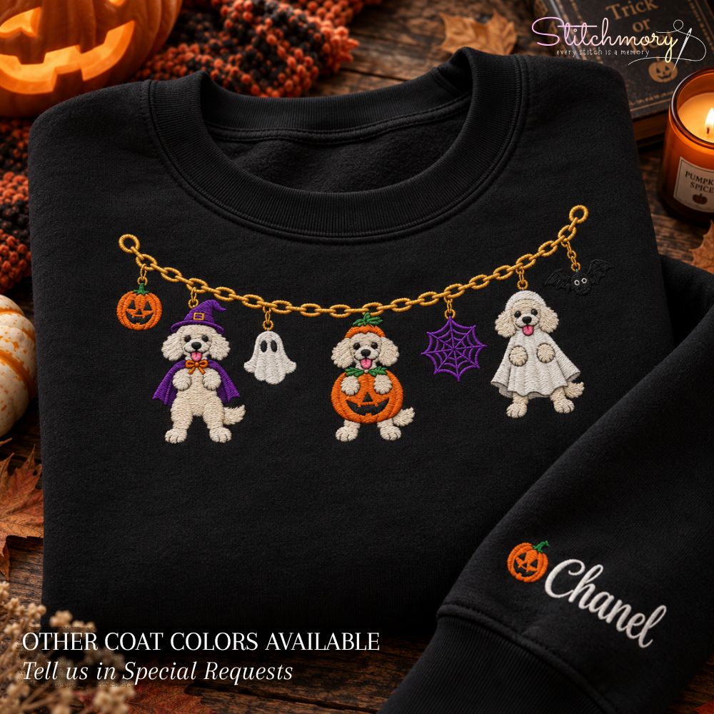 White Poodle Halloween Charm Necklace Embroidered Sweatshirt With Custom Name
